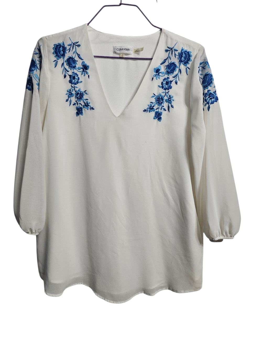 Calvin Klein White V-Neck Blouse with Blue Floral Embroidery